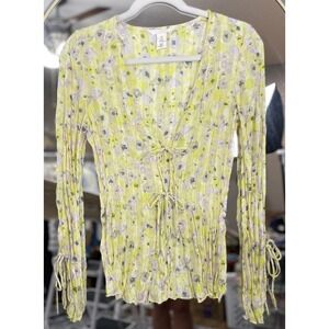 H&M Women's S Top Green Yellow Floral Sheer Boho Chic Fairy Romantic Ethereal